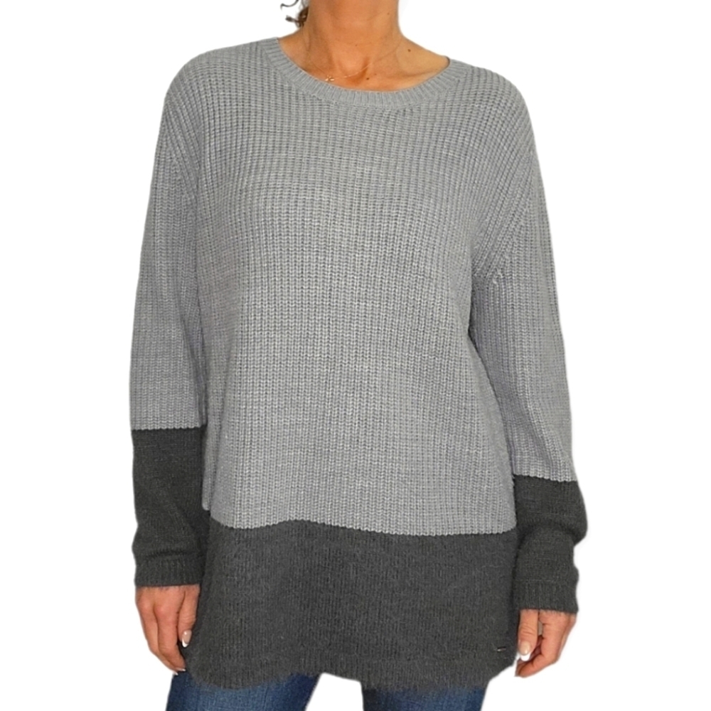 DKNY Long Sleeve Ribbed Knit Faux Fur Sweater Large Grey